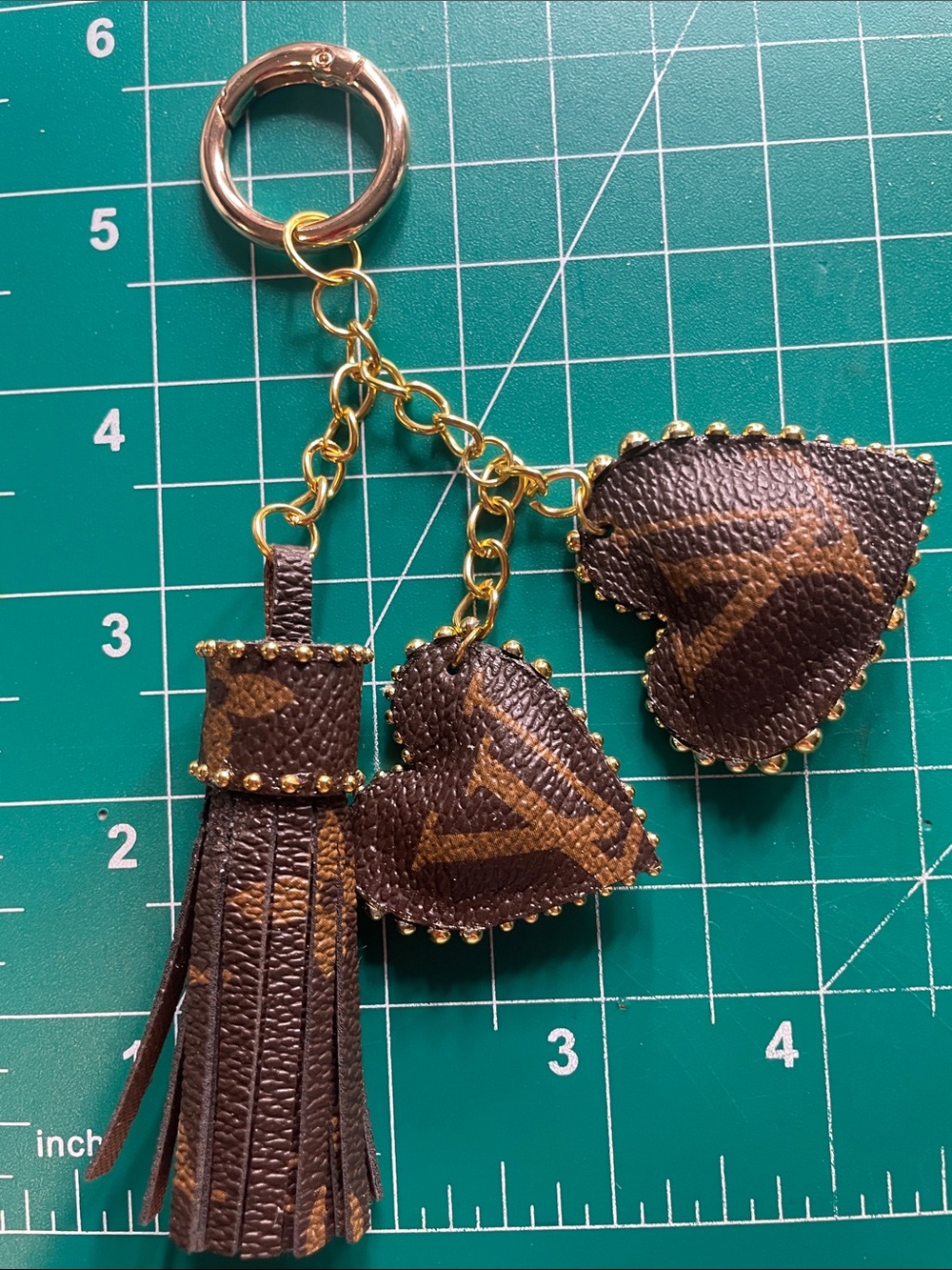 Brown Leather Tassel Keychain with heart decor